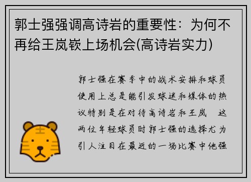 郭士强强调高诗岩的重要性：为何不再给王岚嵚上场机会(高诗岩实力)