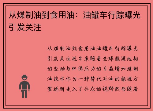 从煤制油到食用油：油罐车行踪曝光引发关注