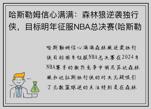 哈斯勒姆信心满满：森林狼逆袭独行侠，目标明年征服NBA总决赛(哈斯勒姆总篮板)