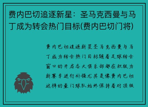 费内巴切追逐新星：圣马克西曼与马丁成为转会热门目标(费内巴切门将)