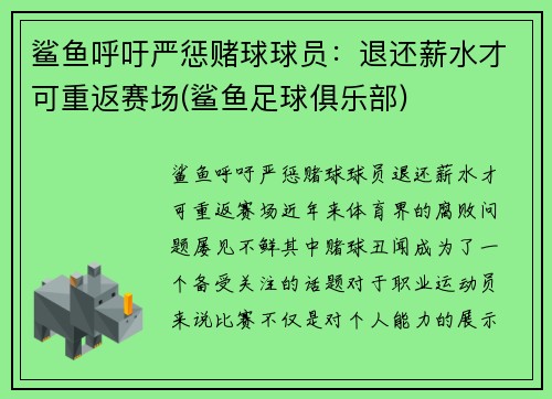 鲨鱼呼吁严惩赌球球员：退还薪水才可重返赛场(鲨鱼足球俱乐部)