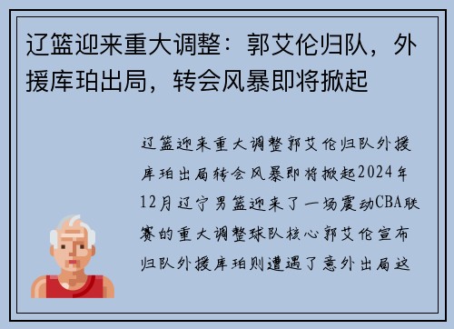 辽篮迎来重大调整：郭艾伦归队，外援库珀出局，转会风暴即将掀起